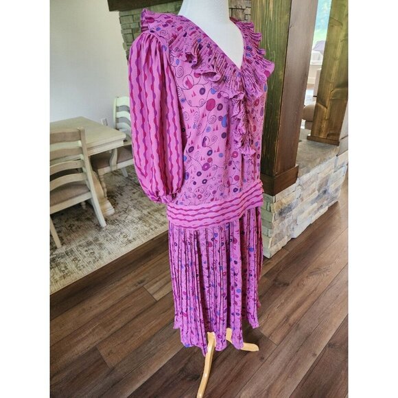 Vintage 80s Judi Michael 2 piece pleated skirt set Flapper Mixed Print Ruffle - Picture 3 of 11